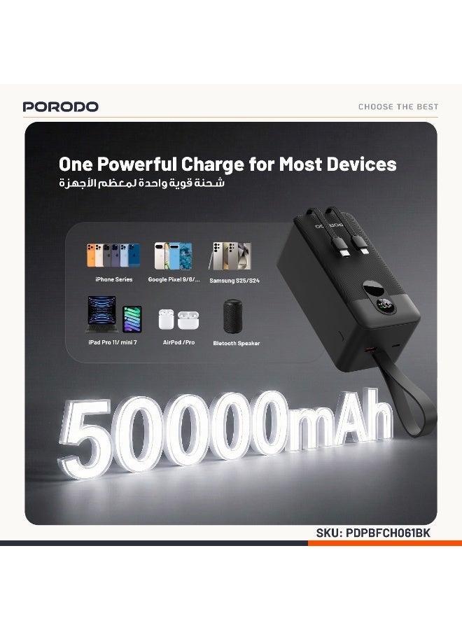 بورودو باور بانك 50000 مللي أمبير في الساعة بتقنية PD بقوة 22.5 وات مع كابلين مدمجين من النوع C وLightning / شاشة رقمية / من 0% إلى 60% في 35 دقيقة / شحن متزامن - أسود - Image 4